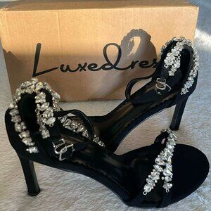 Luxedress Black Suede Stiletto Sandals with Crystal Chains an ankle strap sz 38